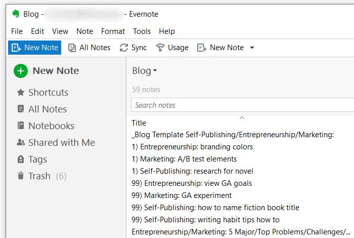 Evernote - Blog Ideas Overview